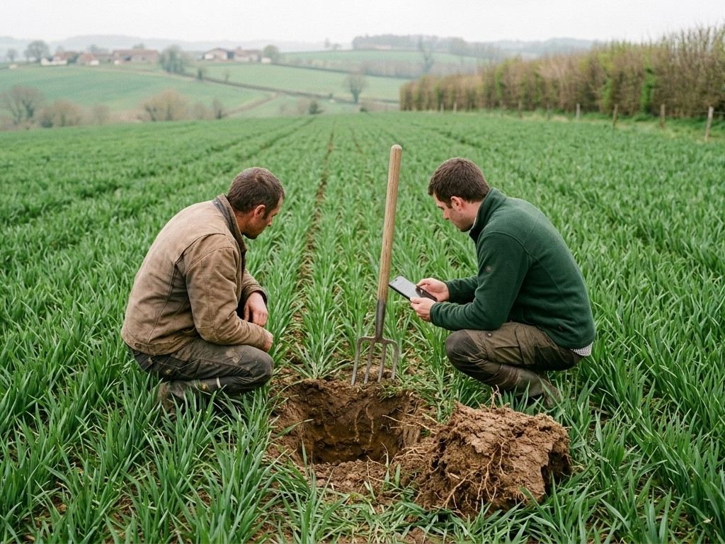 Illustration : un agriculteur et un conseiller accroupis au milieu d'un blé, devant un trou creusé à la fourche-bêche pour observer le sol, le conseiller tenant un téléphone.